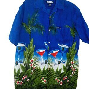 Vintage GJC Men's Button Down Shirt Blue St. Thomas Pocket Martini Print XL